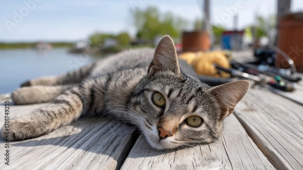 Fototapeta Striped tabby relaxing on weathered wooden dock near fishing equipment, basking in bright sunlight with calm maritime backdrop