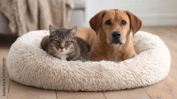Fototapeta Furry companions nestling together in plush pet bed, blending rivalry and friendship within warm domestic setting