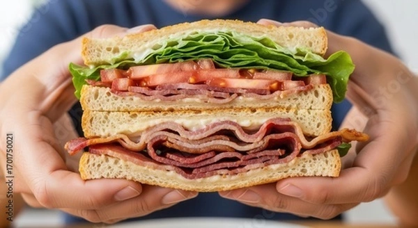 Fototapeta Hands hold a triple-decker sandwich layered with lettuce sliced tomatoes meat and creamy spread on toasted bread