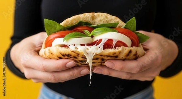 Obraz Hands hold a warm flatbread filled with melted cheese sliced tomatoes and green basil leaves with a contrasting yellow and dark backdrop