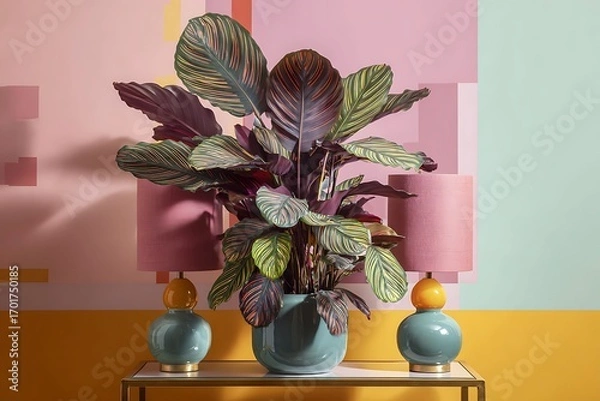 Fototapeta A vibrant calathea plant with bold patterned leaves on a sleek glass side table, pastel toned wall behind with modern lamps 