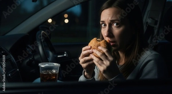 Fototapeta Person in a car at night holding a partially eaten burger and a cold drink looking forward with wide eyes