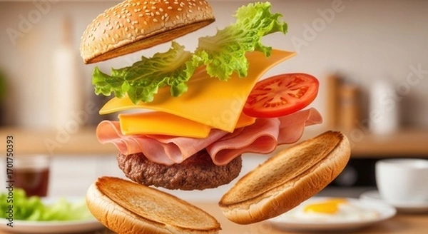 Fototapeta Sandwich ingredients including buns patty cheese lettuce ham and tomato float disassembled in a blurred kitchen setting