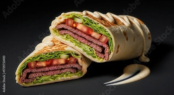 Fototapeta Sliced savory wrap filled with thinly cut meat crisp lettuce red tomatoes and cucumber drizzled with creamy sauce on a dark surface