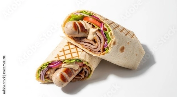Fototapeta Two savory food wraps filled with grilled sausage sliced meat fresh lettuce red onion tomato and a creamy sauce displayed on a clean white surface