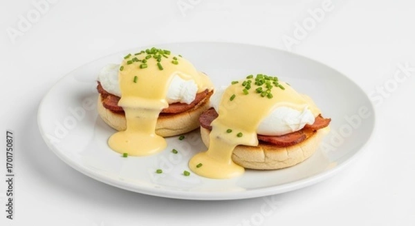 Fototapeta Two servings of eggs Benedict with creamy hollandaise sauce fresh chives and crisp bacon on toasted muffins presented on a white plate against a bright background