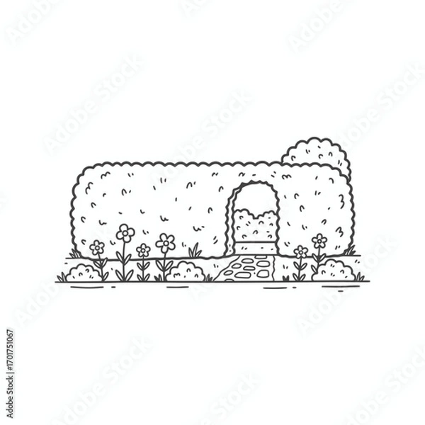 Fototapeta A whimsical line drawing of a neatly trimmed hedge maze with an arched entrance, flowers, and a stone pathway.