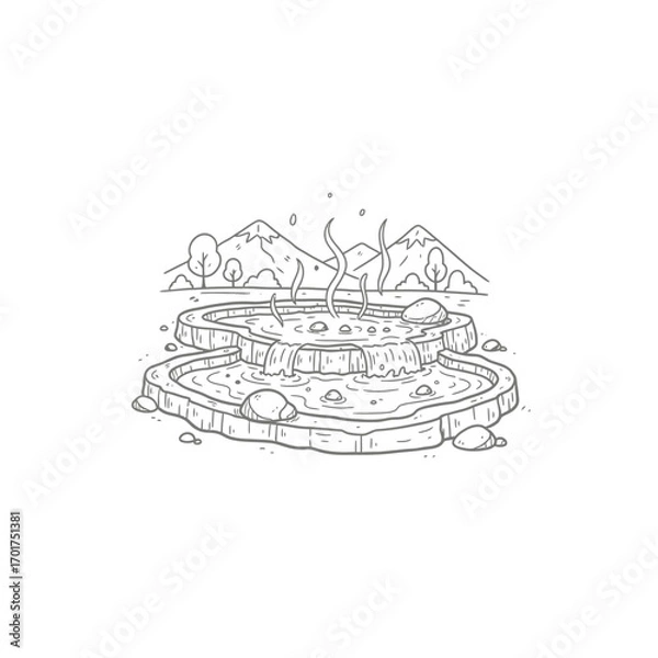 Fototapeta A whimsical, hand-drawn illustration of a hot spring nestled in a mountainous landscape.
