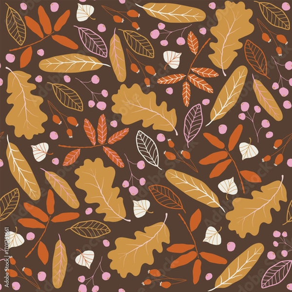 Fototapeta Bright autumn seamless pattern. Leaves, twigs, berries autumn fall. Beautiful autumn. Vector illustration