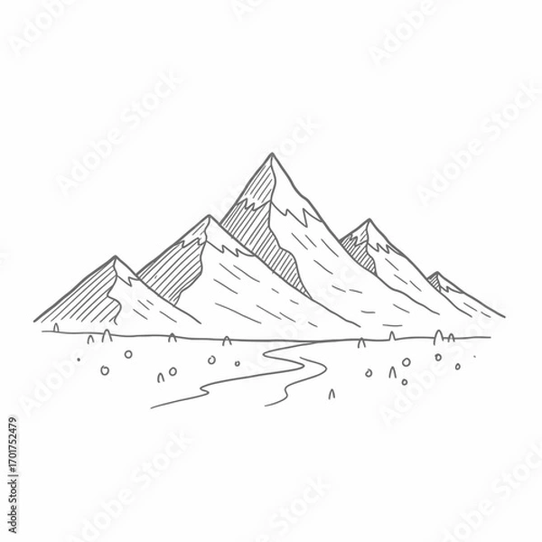 Fototapeta Simple line drawing of majestic snow-capped mountains and a winding river flowing through a grassy valley.