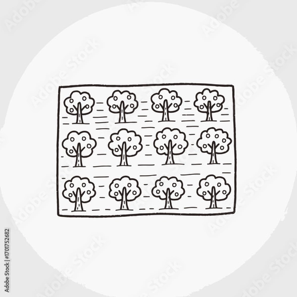 Fototapeta A simple illustration of a neatly arranged orchard with rows of fruit-bearing trees.