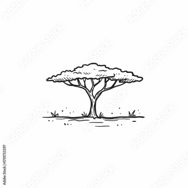 Fototapeta Hand-drawn illustration of a large, spreading tree, with simple ground details.