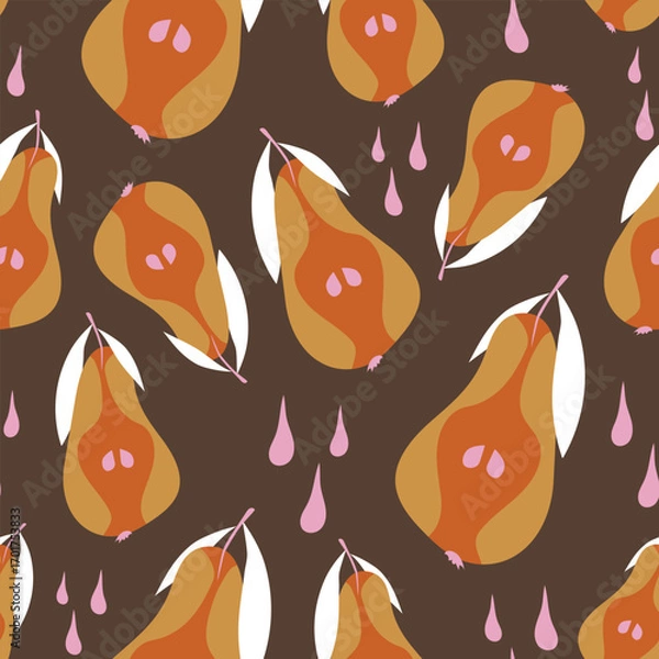 Fototapeta Of halves of pears. Seamless pattern on a red background. Fresh fruits. Flat design. Hand-drawnd.