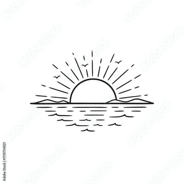 Fototapeta Simple line drawing of a sunset over the ocean, with birds flying.