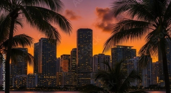Fototapeta An urban skyline at dusk featuring towering buildings with lit windows framed by silhouetted palm trees all against a vibrant orange and purple sky reflecting on calm waters