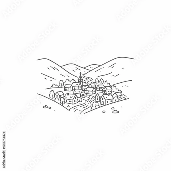 Fototapeta Serene mountain village nestled in rolling hills, depicted in minimalist line art.