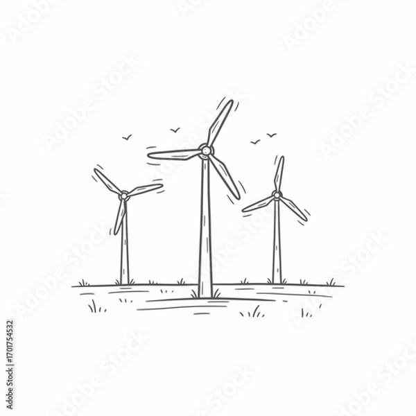 Fototapeta Hand-drawn sketch of three wind turbines in a grassy field, birds flying overhead, representing clean energy.