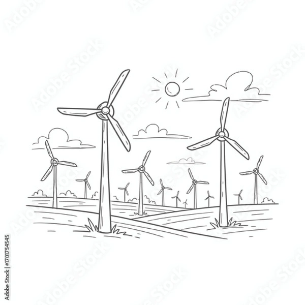 Fototapeta Illustration depicting a field of wind turbines generating clean energy, under a sunny sky.