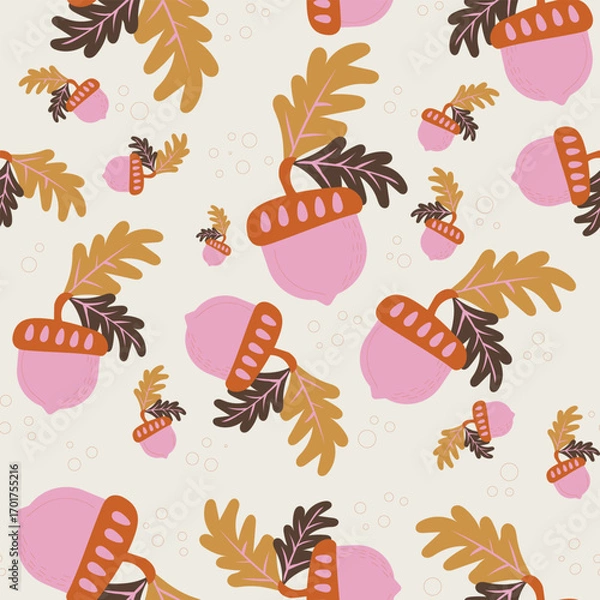 Fototapeta Acorn. Seamless pattern with acorns on a yellow background. Autumn design perfect for wallpaper, gift paper, autumn greeting cards, fabric, textile, web design. Hand-drawn. Flat design. Vector.