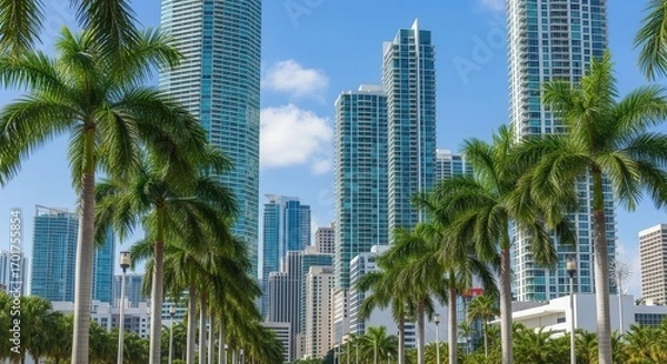 Fototapeta Modern high-rise buildings line a street under a clear blue sky flanked by numerous tall green palm trees creating an urban tropical vista