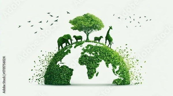 Fototapeta Digital illustration of green foliage Earth with silhouettes of elephant, giraffe, lion, tiger, sheep, tree and birds, symbolizing biodiversity and nature for World Animal Day