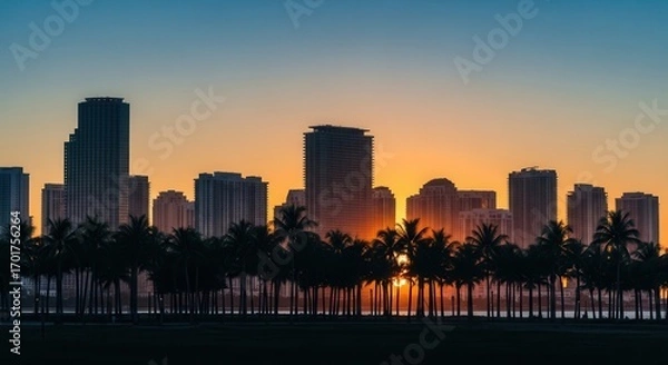 Fototapeta Silhouetted cityscape with numerous tall buildings and a line of palm trees at sunrise or sunset revealing the suns warm glow through the foliage