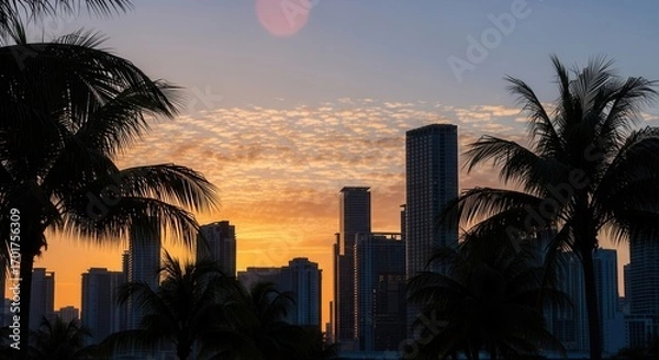 Fototapeta Silhouetted palm trees frame a city skyline at sunset with tall buildings against an orange and blue sky and scattered clouds