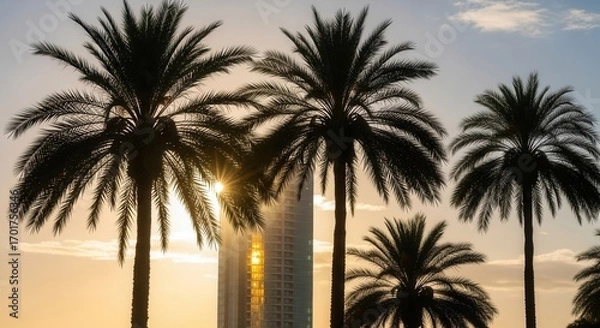 Fototapeta Silhouetted palm trees frame a tall building reflecting golden sunlight against a gradient sky with scattered clouds