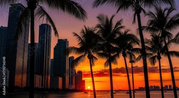 Fototapeta Silhouetted palm trees frame a city skyline with tall buildings at sunset overlooking water with small boats under an orange and purple sky