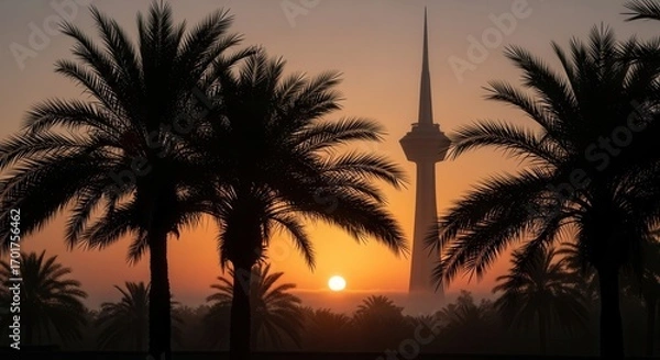 Fototapeta Silhouetted palm trees frame a tall pointed tower against an orange and yellow sky with a visible sun disc and hazy horizon