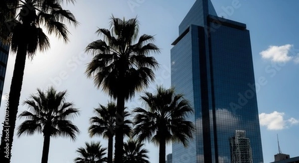 Fototapeta Silhouetted palm trees stand against a bright sky contrasting with a tall modern glass skyscraper reflecting clouds
