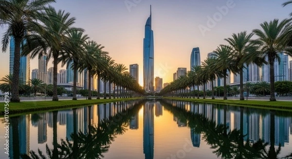 Fototapeta Symmetrical cityscape at sunset featuring a tall skyscraper centered between palm tree-lined water reflecting surrounding high-rise buildings and sky
