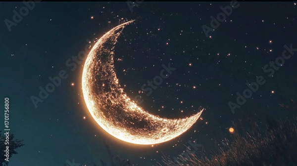 Obraz A crescent moon glowing brightly in a dark sky filled with twinkling stars and soft ambient light effects