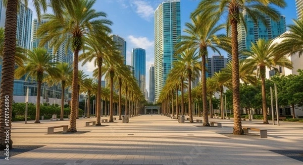 Fototapeta Symmetrical view of a city walkway with palm trees modern buildings and sun-drenched paving with benches along the path