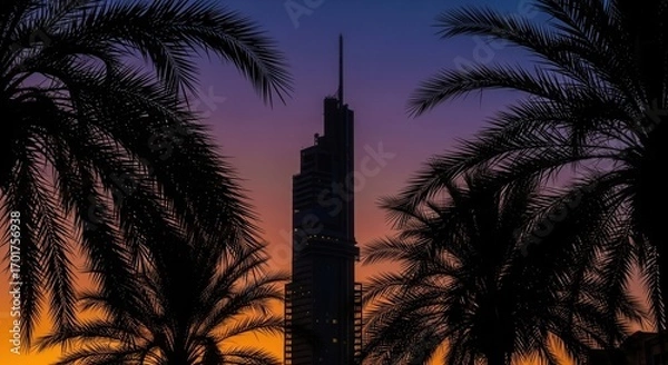 Fototapeta Tall building silhouetted against a vibrant gradient sunset sky framed by dark palm tree fronds in the foreground