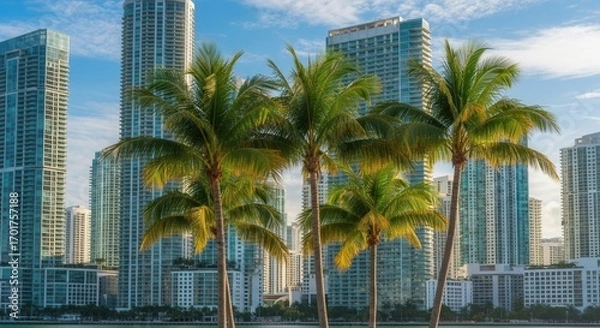 Fototapeta Tall modern buildings with many windows stand along a waterfront framed by tropical palm trees under a blue sky with light clouds