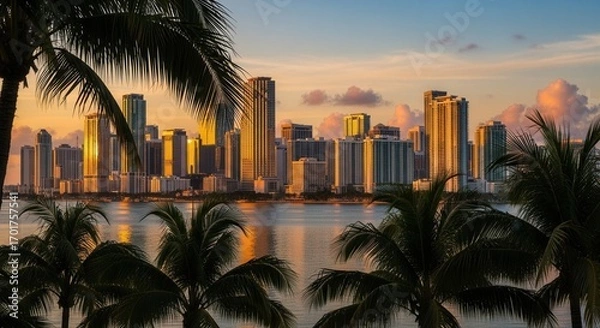 Fototapeta Tropical cityscape at dawn with palm trees framing modern high-rises reflecting golden sunlight over a shimmering bay