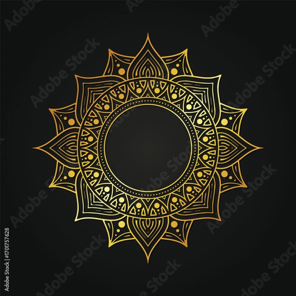 Fototapeta Golden Floral Mandala with Circle Frame on Dark Background