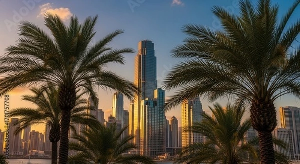 Fototapeta Urban landscape at golden hour featuring towering glass buildings and palm trees framing a water body under a gradient sky