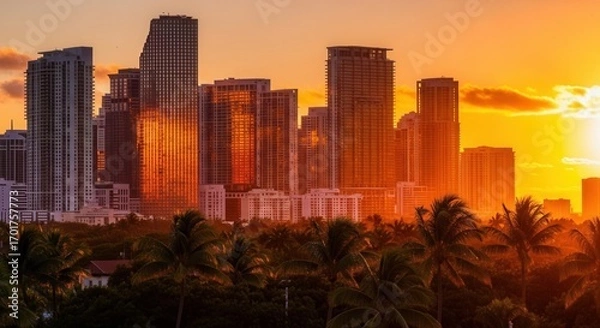 Fototapeta Urban skyline at sunset with numerous high-rise buildings illuminated by a golden sky and palm trees silhouetted in the foreground