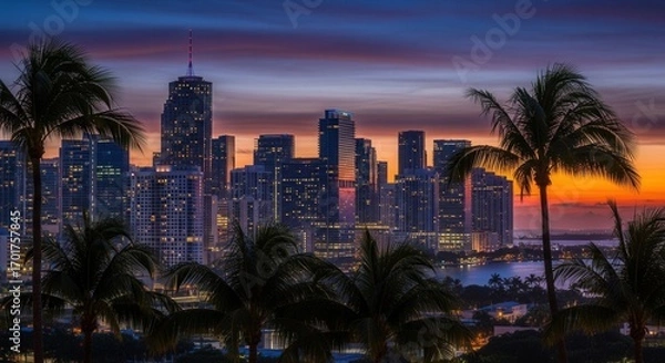 Fototapeta Urban skyline at twilight featuring numerous illuminated skyscrapers and tall palm trees framing a colorful sunset over coastal waters