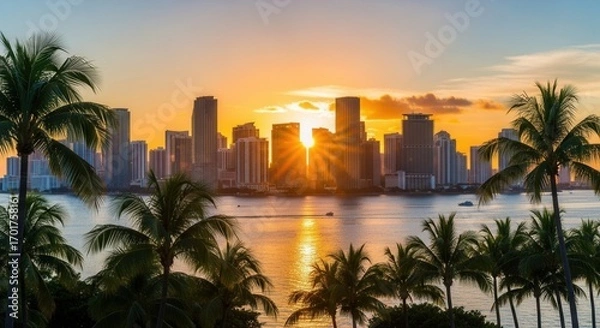 Fototapeta Waterfront city skyline at sunset with tall buildings sun rays reflecting on the water and numerous palm trees in the foreground