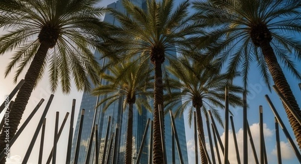 Fototapeta View upwards through several palm trees and angled poles towards a tall reflective glass building under a partially cloudy sky