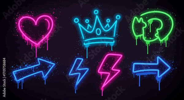 Fototapeta Neon graffiti illustration with heart, crown, arrow and lightning on dark backdrop