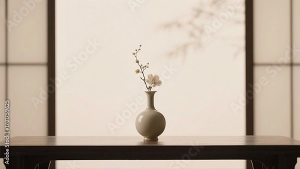 Fototapeta Minimalist White Vase with Flower on Wooden Table, Great for Home Decor and Zen Enthusiasts