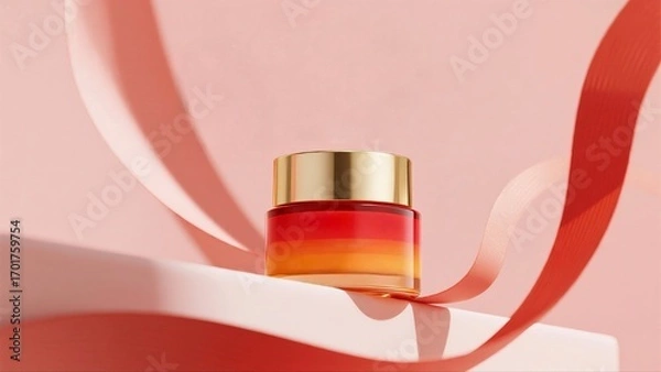 Fototapeta Elegant Gradient Skincare Jar with Golden Lid and Flowing Pink Ribbons, Perfect for Skincare Lovers