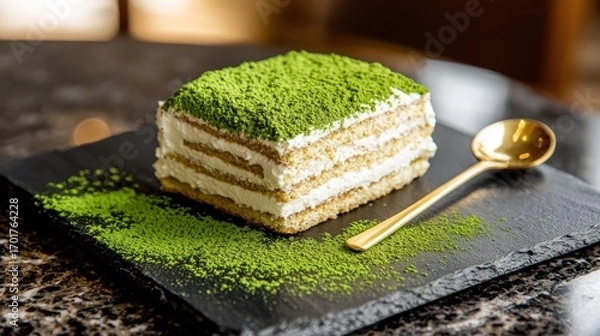 Fototapeta Artisanal matcha tiramisu dessert with vibrant green tea powder dusting on white cream layers served on elegant black slate with golden spoon presentation