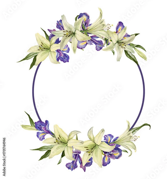 Fototapeta A beautiful round frame with watercolor lilies and irises on a transparent background.  Botanical wreath perfect for wedding invitations, spring events, and elegant card. 