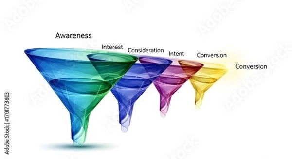 Fototapeta Colorful Funnel Diagram Showing Customer Journey Stages Including Awareness Interest Consideration Intent and Conversion