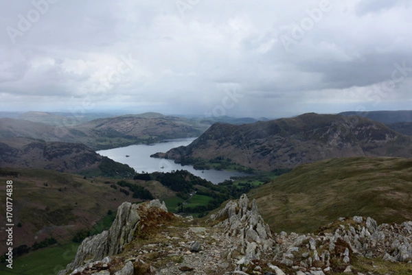 Fototapeta Mountain Top Hike Looking Down at a Lake